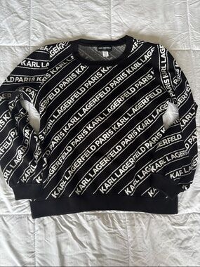 Karl Lagerfeld Black & White Diagonal Logo Crewneck Sweater
